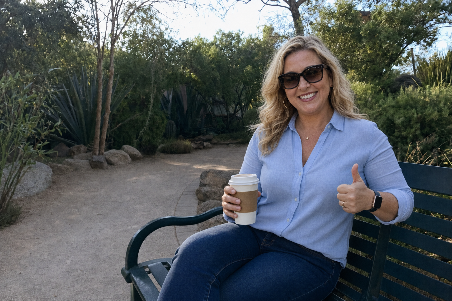 Michelle sitting peacefully on a park bench with a cup of coffee.